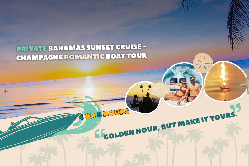 Private sunset cruise on Nassau harbor with golden hour light and champagne